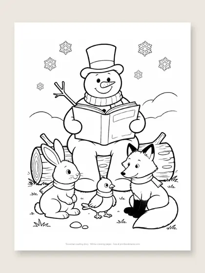 Snowman reading story: snowman coloring page