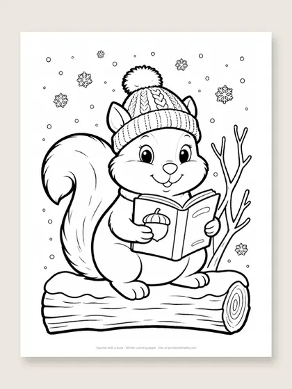 Squirrel with a book: winter coloring page