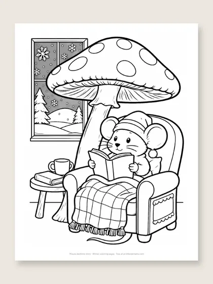 Mouse bedtime story: winter coloring page