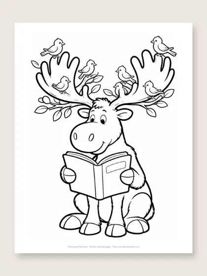 Moose and the book: winter coloring page