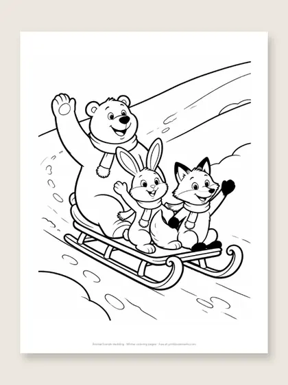 Animal friends sledding: winter coloring page