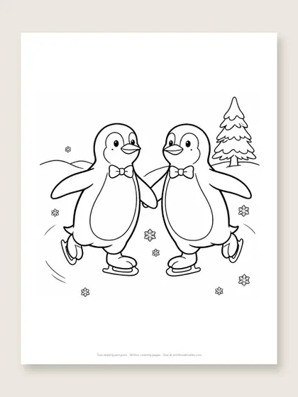 Two skating penguins: winter coloring page