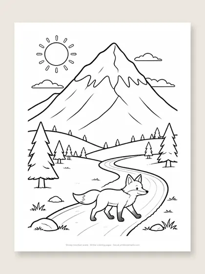 Snowy mountain scene: winter coloring page