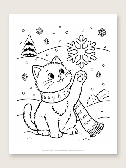 Kitten with a scarf: winter coloring page