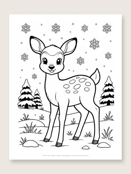 Fawn in the meadow: winter coloring page