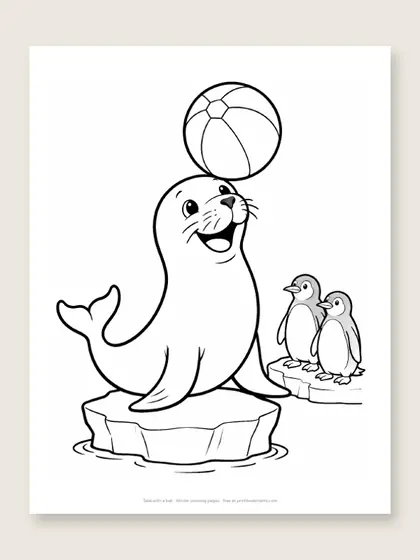 Seal with a ball: winter coloring page