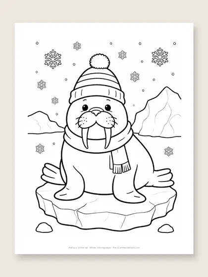 Walrus in winter hat: winter coloring page
