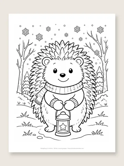 Hedgehog in mittens: winter coloring page