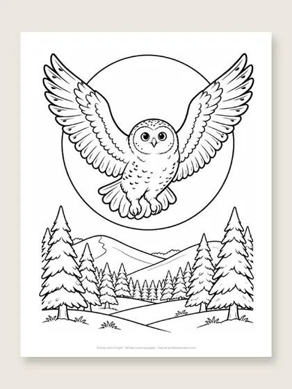 Snowy owl in flight: owl coloring page