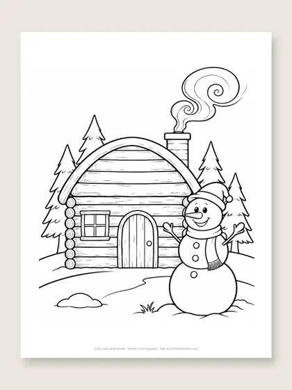 Cozy cabin and smoke: winter coloring page