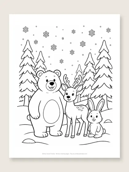 Winter forest friends: winter coloring page