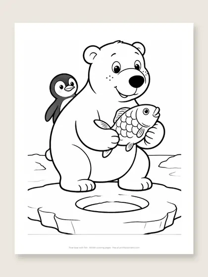 Polar bear with fish: bear coloring page