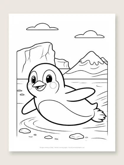 Penguin sliding on belly: winter coloring page