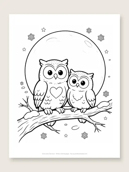 Owls and a full moon: owl coloring page