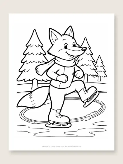 Ice skating fox: winter coloring page
