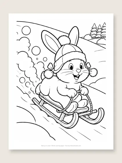 Bunny on a sled: winter coloring page