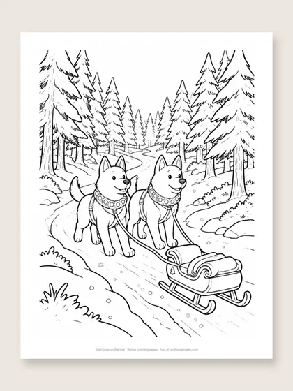 Sled dogs on the trail: winter coloring page