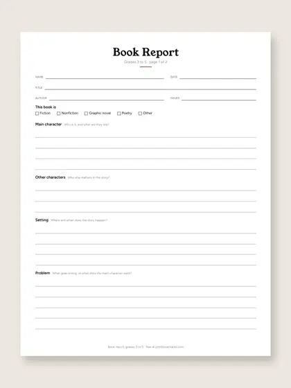 Book report, grades 3-5, first page