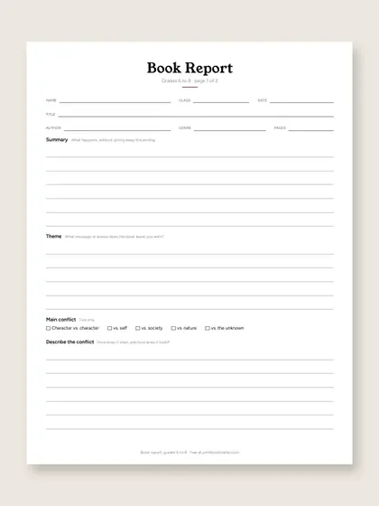 Book report, grades 6-8, first page