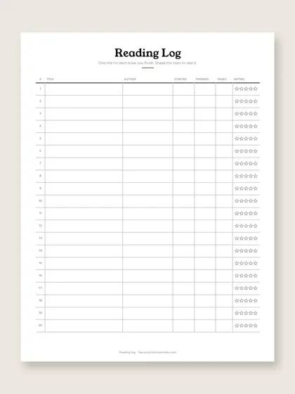 Classic reading log, first page
