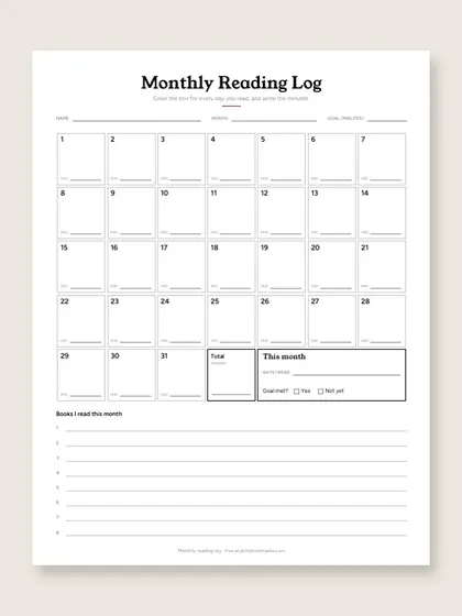 Monthly reading log, first page
