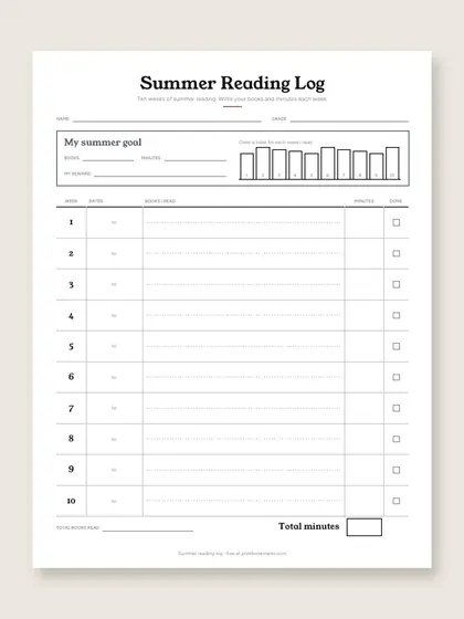 Summer reading log, first page