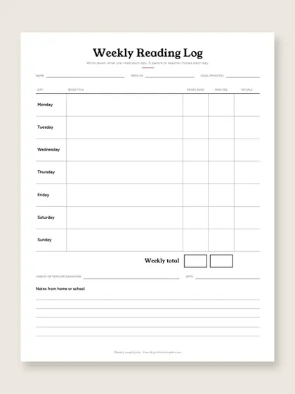 Weekly reading log, first page