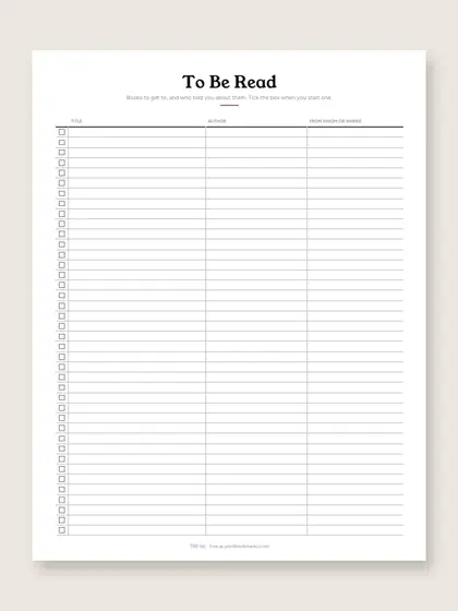 TBR List Printable: 1 PDF