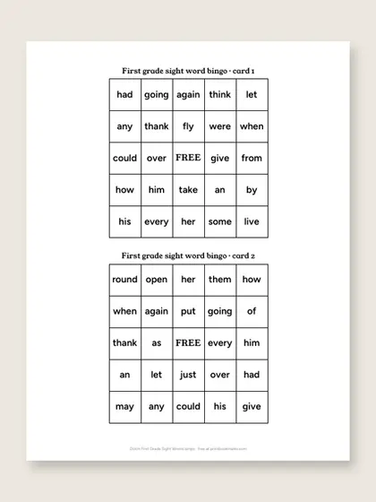 Dolch First Grade Sight Words bingo cards, first page