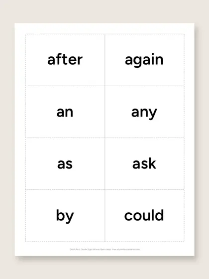 Dolch First Grade Sight Words flash cards, first page