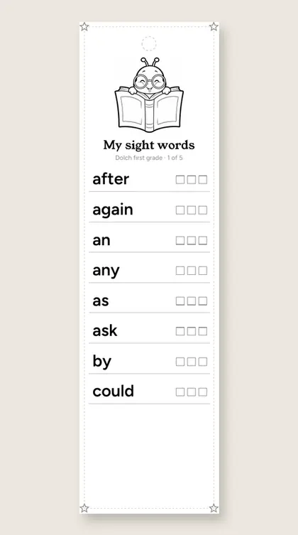 Dolch First Grade Sight Words bookmark 1