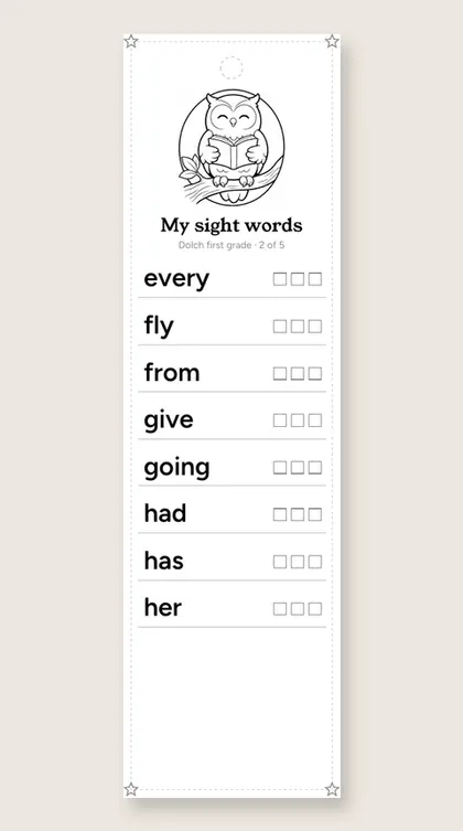 Dolch First Grade Sight Words bookmark 2