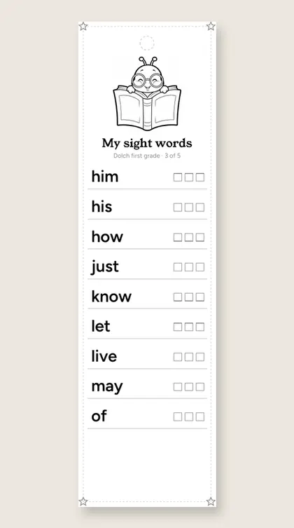Dolch First Grade Sight Words bookmark 3