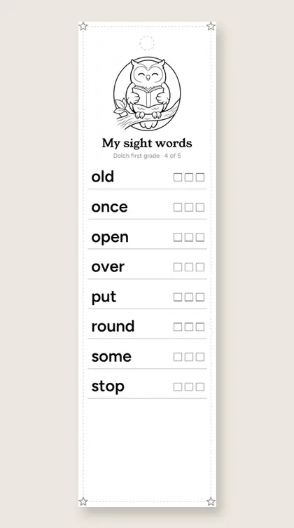 Dolch First Grade Sight Words bookmark 4