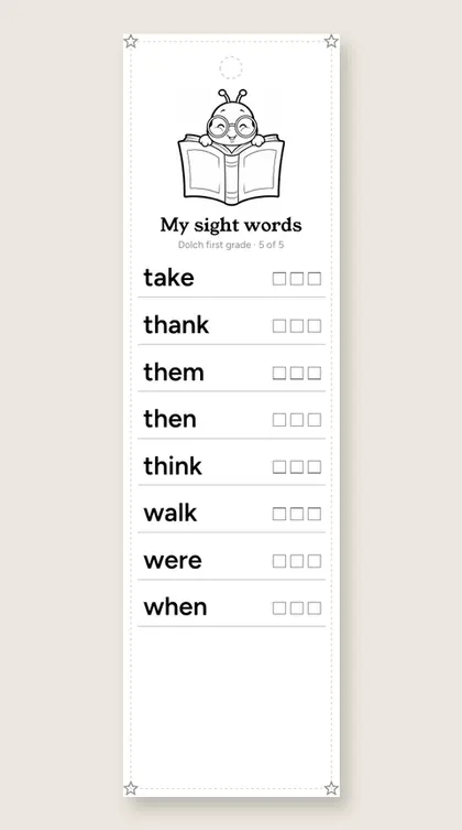 Dolch First Grade Sight Words bookmark 5
