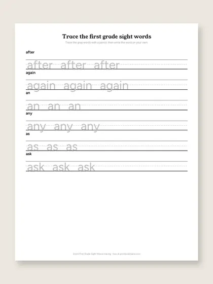 Dolch First Grade Sight Words tracing sheets, first page
