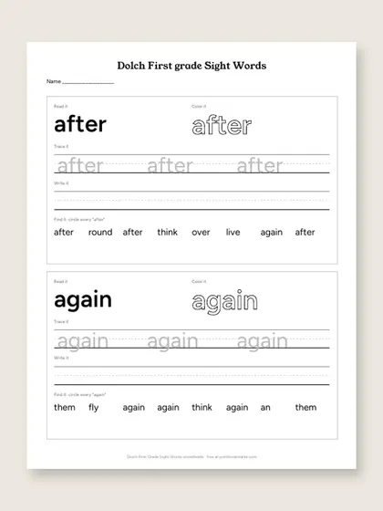Dolch First Grade Sight Words worksheets, first page