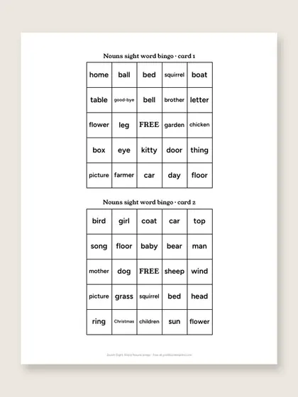 Dolch Sight Word Nouns bingo cards, first page