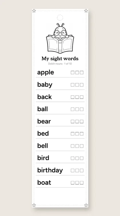 Dolch Sight Word Nouns bookmark 1