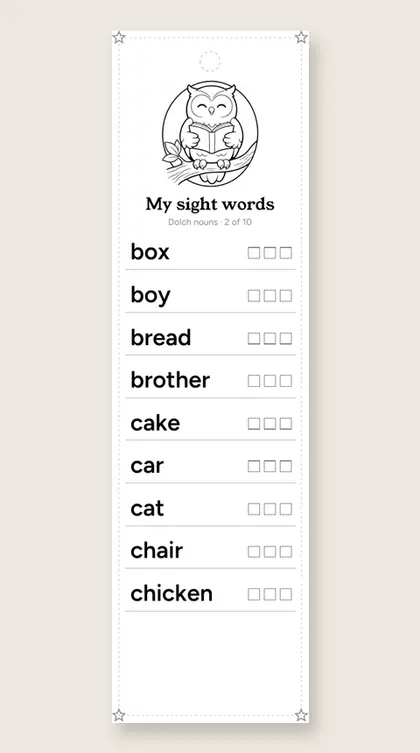 Dolch Sight Word Nouns bookmark 2