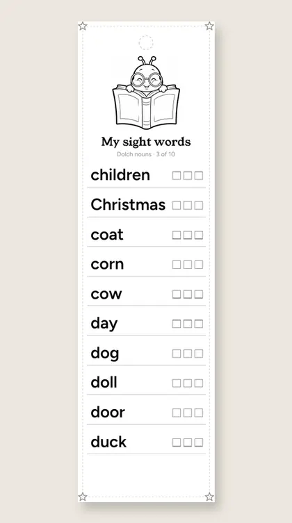 Dolch Sight Word Nouns bookmark 3