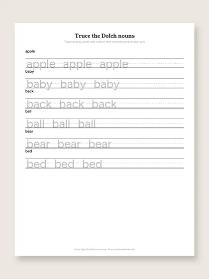 Dolch Sight Word Nouns tracing sheets, first page