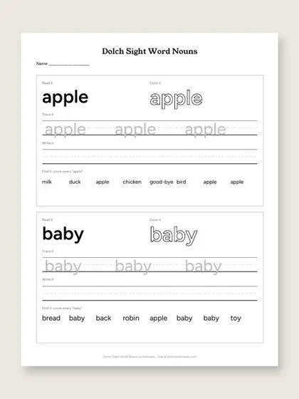 Dolch Sight Word Nouns worksheets, first page