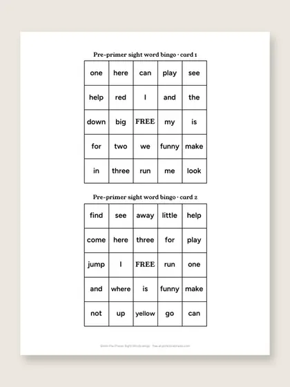 Dolch Pre-Primer Sight Words bingo cards, first page