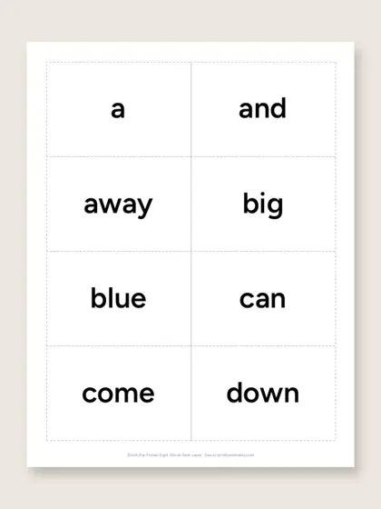 Dolch Pre-Primer Sight Words flash cards, first page