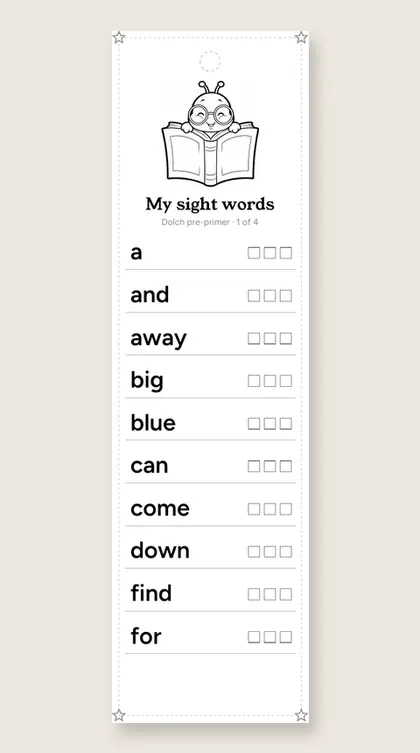Dolch Pre-Primer Sight Words bookmark 1