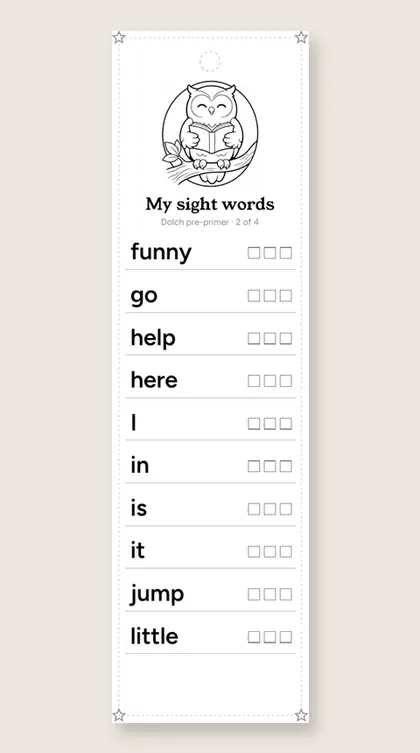 Dolch Pre-Primer Sight Words bookmark 2