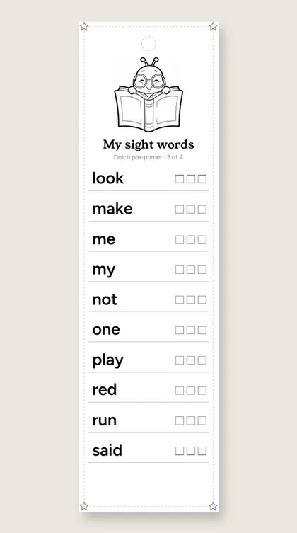 Dolch Pre-Primer Sight Words bookmark 3