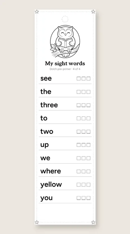 Dolch Pre-Primer Sight Words bookmark 4