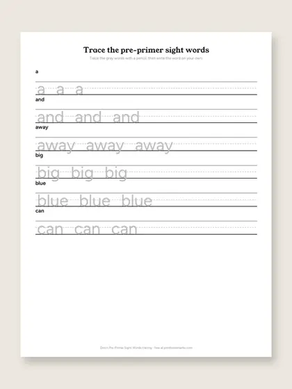 Dolch Pre-Primer Sight Words tracing sheets, first page